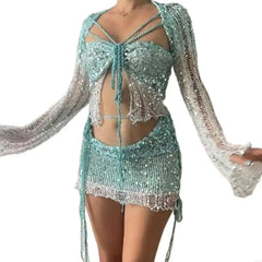 Women’s Sequin Crochet 3-Piece Set Blue White_Front View