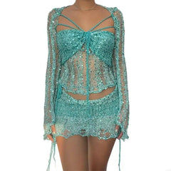 Women’s Sequin Crochet 3-Piece Set Turquoise_Front View