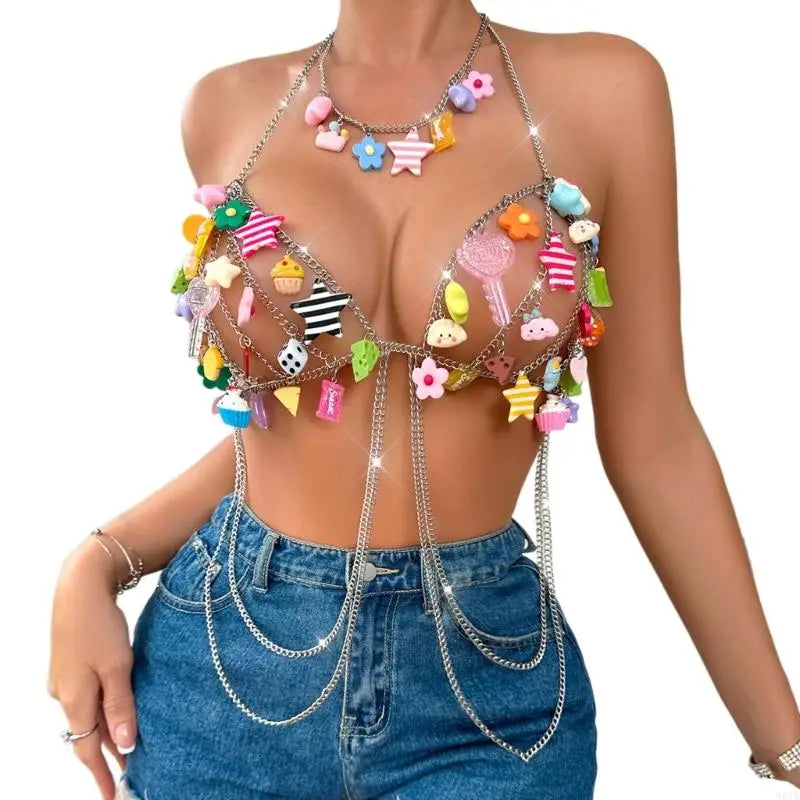 Colorful Charms Metal Chain Tassel Halterneck Backless Crop Top for Women_Front View
