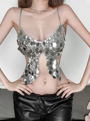 Sequined Butterfly Halter Crop Top for Women in Silver_Front View
