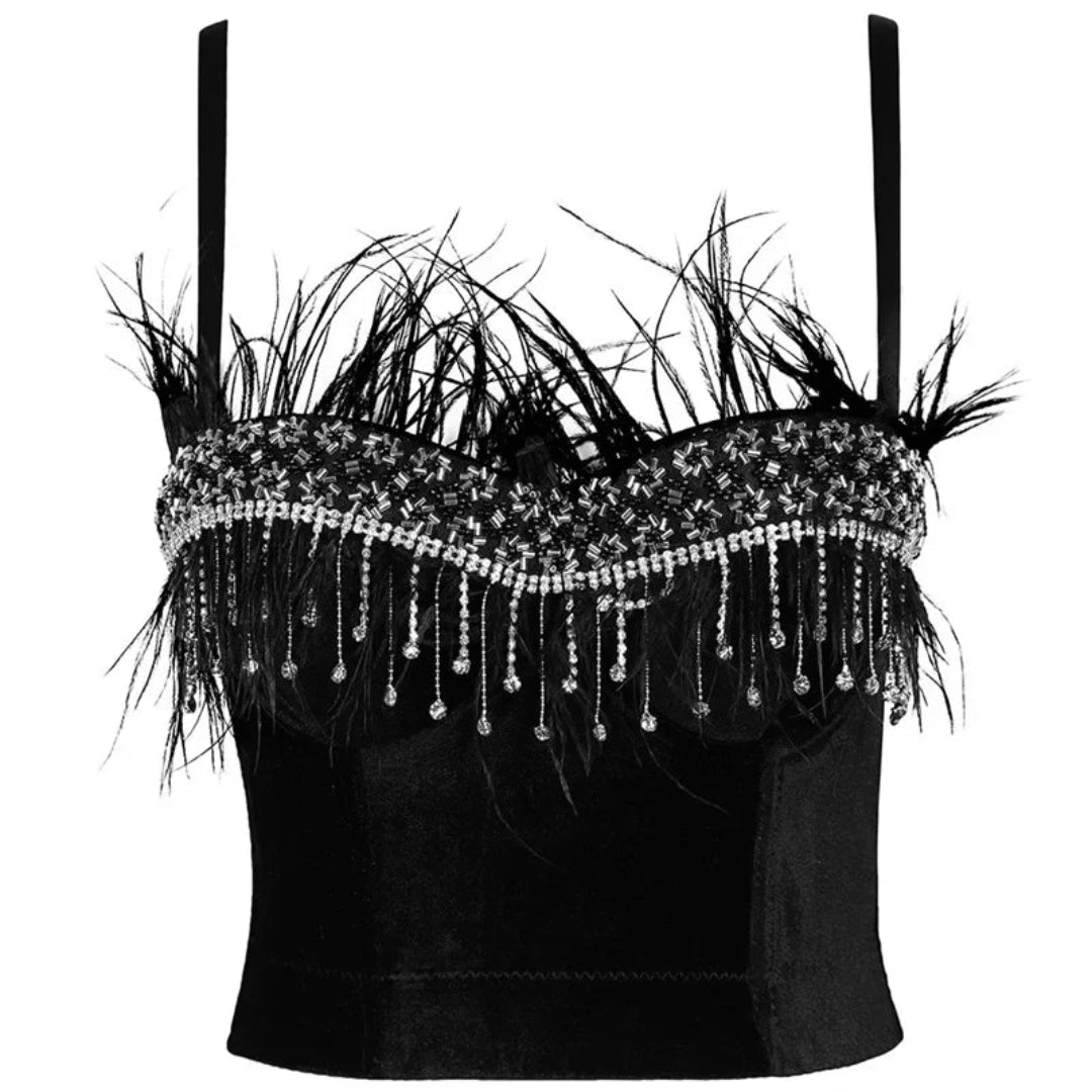 Glam Feather Trim Crop Top for Women | Rave Set