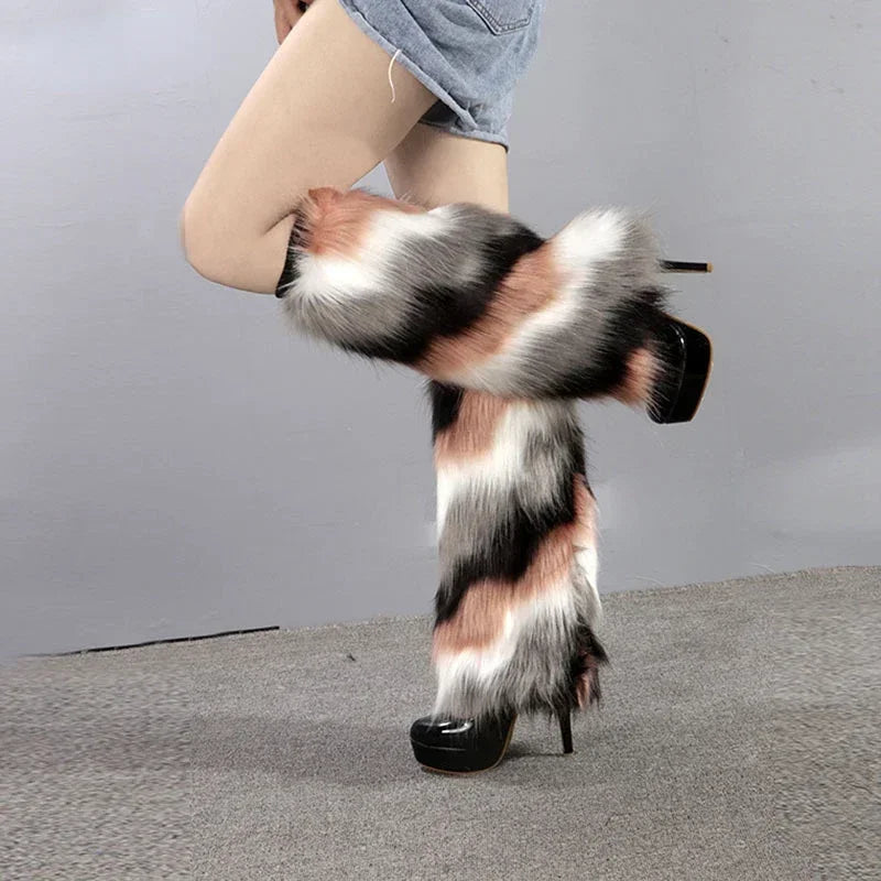 Coral Fade Gray Pink Fur Leg Warmers | Rave Set