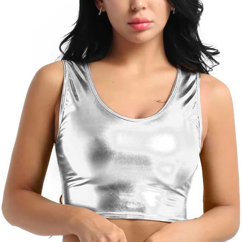 Glossy Scoop Neck Crop Top for Women Silver | Rave Set