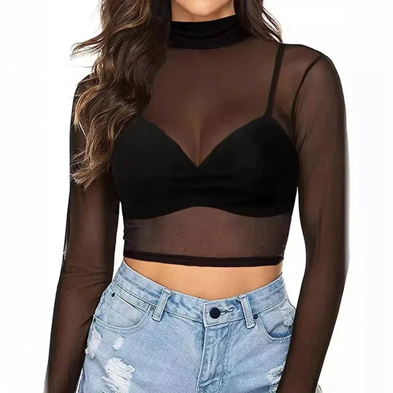 Women’s Sheer Mesh Long Sleeve Crop Top Mock Neckline_Front View
