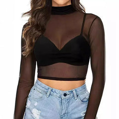 Women’s Sheer Mesh Long Sleeve Crop Top Mock Neckline_Front View