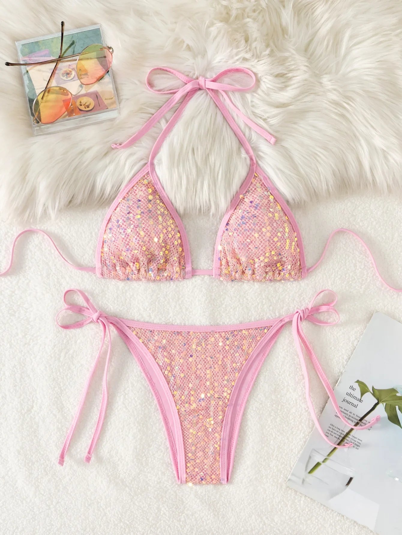 Sequin Triangle Bikini Set for Women in Pink_Front