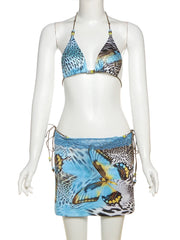 Butterfly Print Halter Bikini 3 Piece Set for Women_Front View