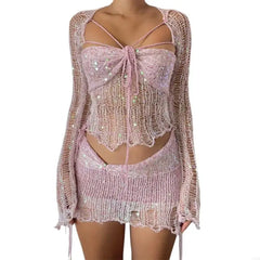 Women’s Sequin Crochet 3-Piece Set Pink_Front View