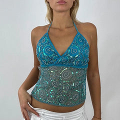 Sequin Pearl Rhinestone Crop Top for Women Blue_Front View