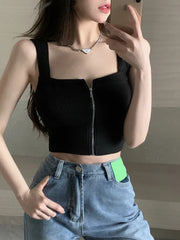 Knitted Sleeveless Crop Tank Top For Women Black_Front View