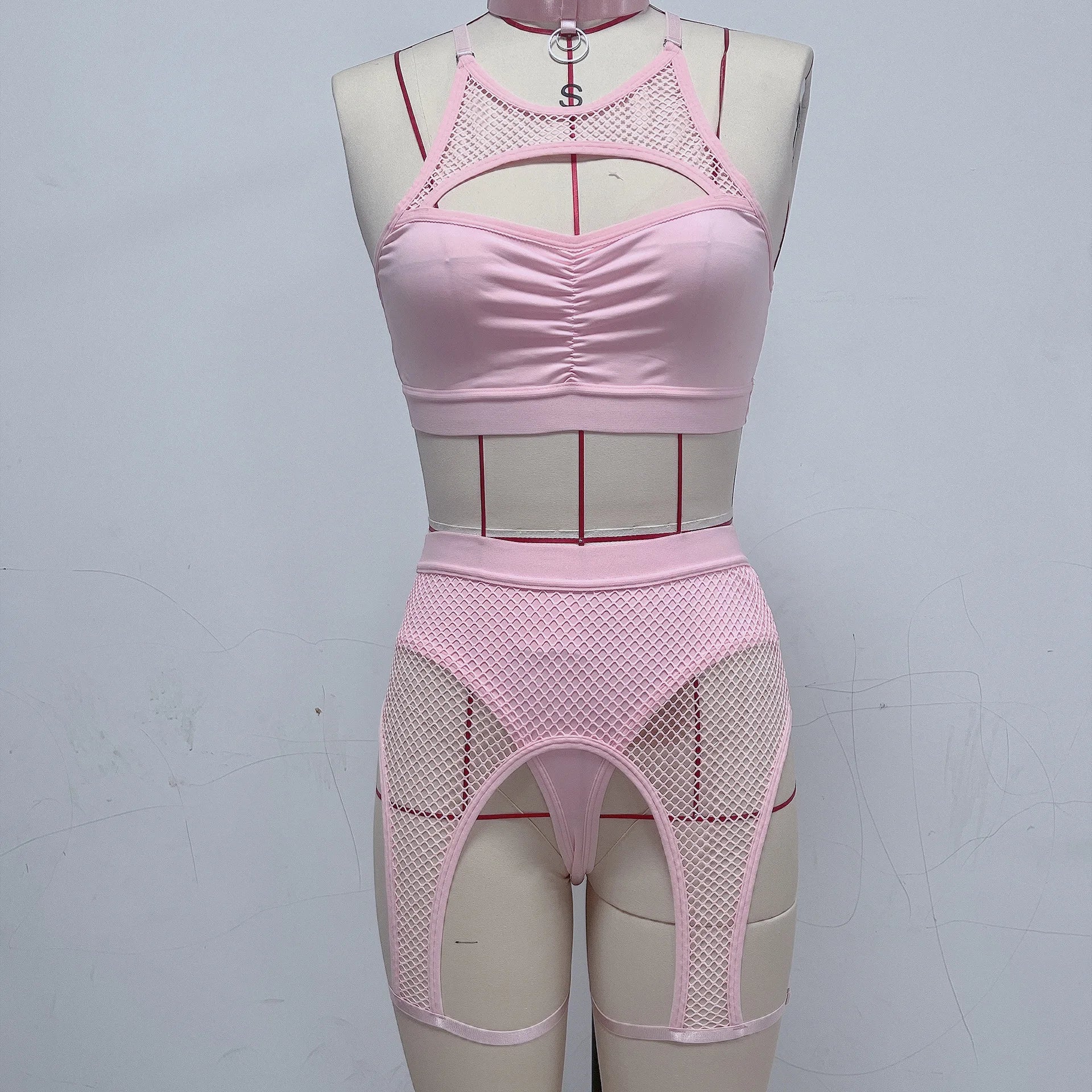 Mesh Bodysuit Bikini Set with Sheer Panels in Pink_Front View