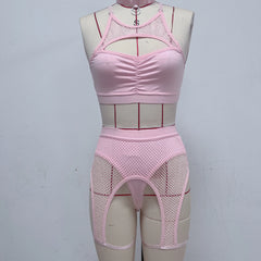 Mesh Bodysuit Bikini Set with Sheer Panels in Pink_Front View