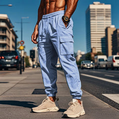 Multi Pocket Drawstring Pants for Men Baby Blue_Side View