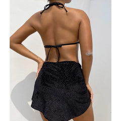 Black Bikini 3 Piece Set with Wrap Skirt for Women_Back View
