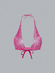 Rhinestone Halter Crop Top for Women Pink_Front View 