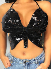 Sequin Butterfly Halter Top for Women Black | Rave Set