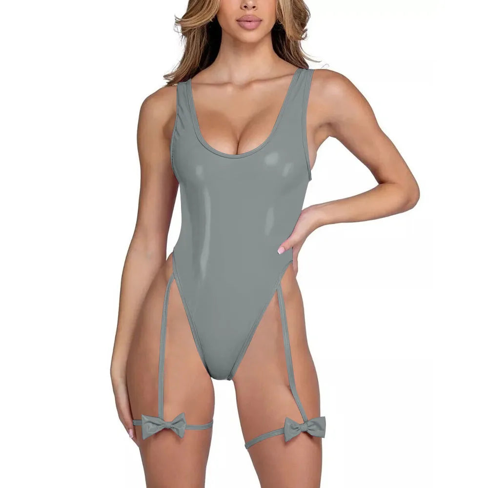 Silver Glow Bow Strap Bodysuit | Rave Set