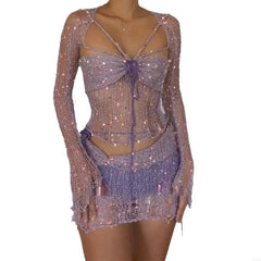 Women’s Sequin Crochet 3-Piece Set Purple_Front View