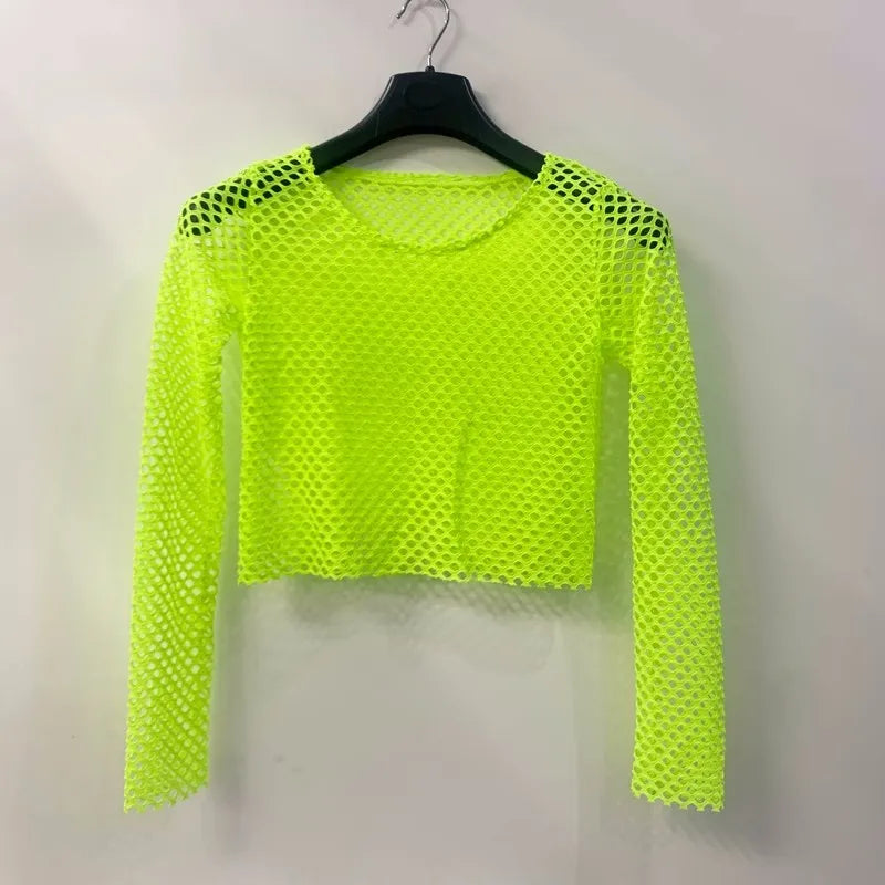 Netted Long Sleeve Crop Top for Women Neon Green | Rave Set