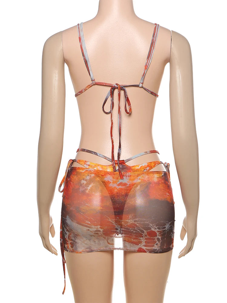 Colorful Shirred Bikini 3 Piece Matching Set_Back View