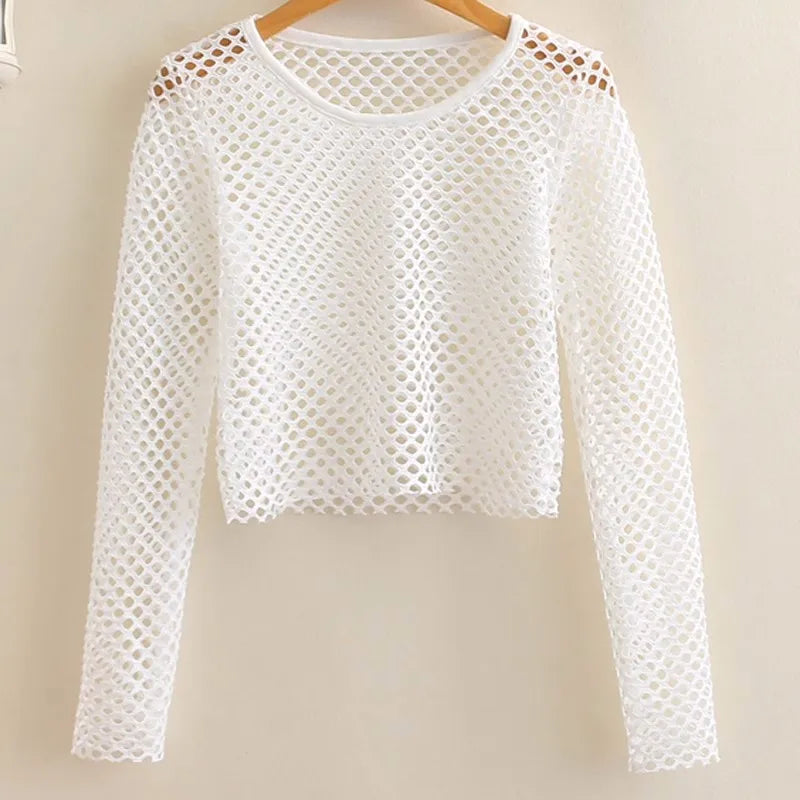Netted Long Sleeve Crop Top for Women White | Rave Set