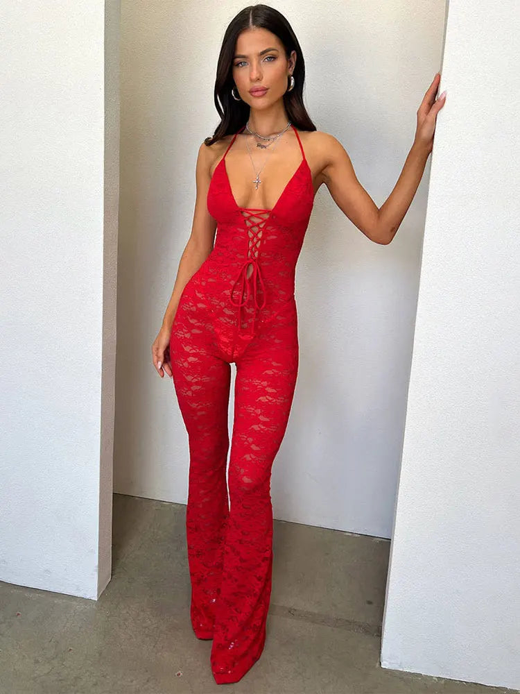 Star of the Night Women’s Red Lace Jumpsuit | Rave Set