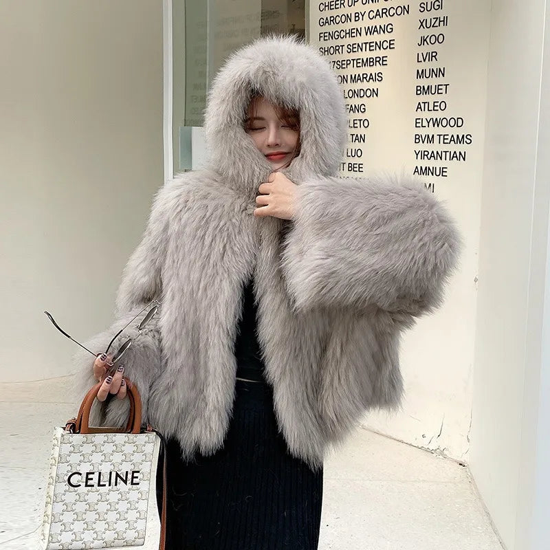 Silver Frost Hooded Faux Fur Jacket | Rave Set