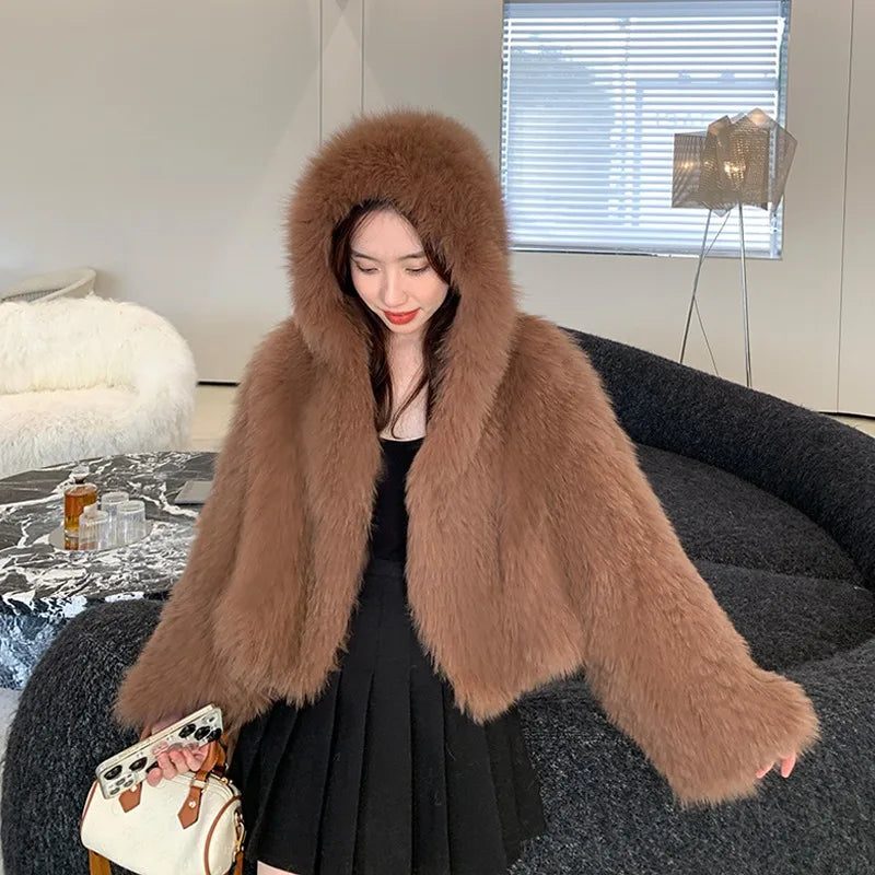 Latte Mist Hooded Faux Fur Jacket | Rave Set