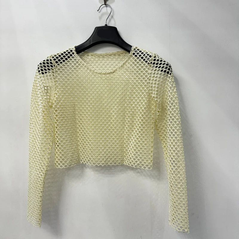 Netted Long Sleeve Crop Top for Women Apricot | Rave Set