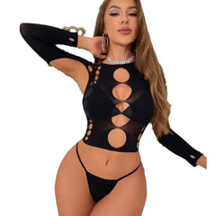 Long Sleeve Bodysuit And Thong Set in Black_Front View