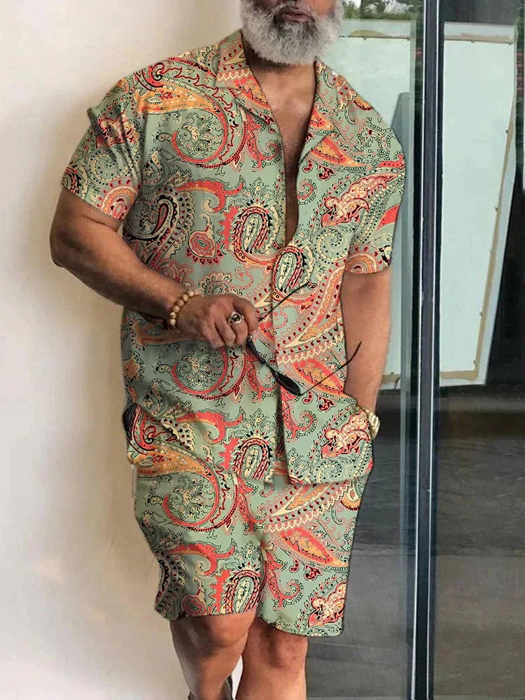 Men’s 2-Piece Short Sleeve Shirt and Shorts in Beige Paisley_Front View