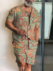 Men’s 2-Piece Short Sleeve Shirt and Shorts in Beige Paisley_Front View