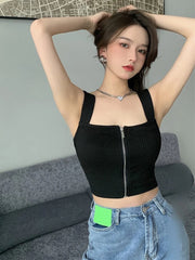 Knitted Sleeveless Crop Tank Top For Women Black_Front View