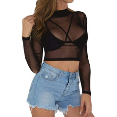 Women’s Sheer Mesh Long Sleeve Crop Top Mock Neckline_Side View