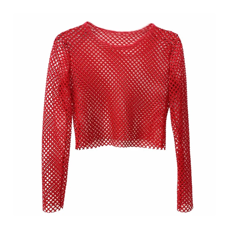 Netted Long Sleeve Crop Top for Women Red | Rave Set