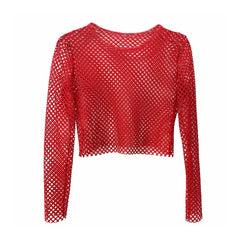 Netted Long Sleeve Crop Top for Women Red | Rave Set