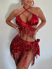 Red Drizzle Shine Women's 3Pc Bikini Set | Rave Set