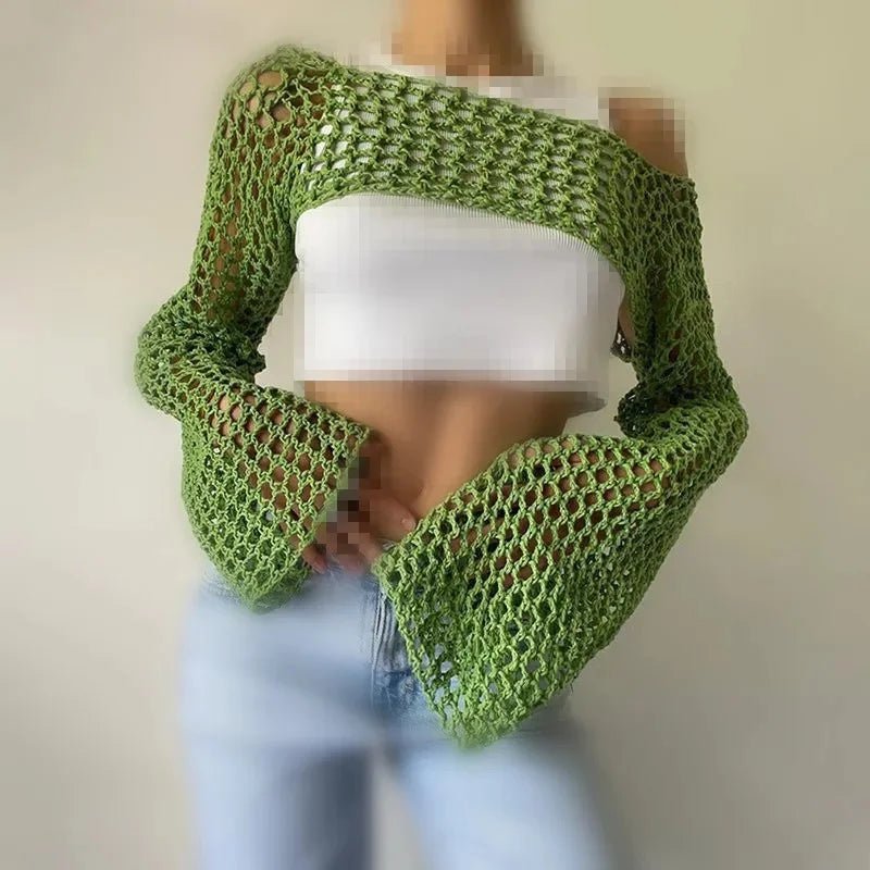Knit Flare Sleeve Crop Shrug for Women Green | Rave Set