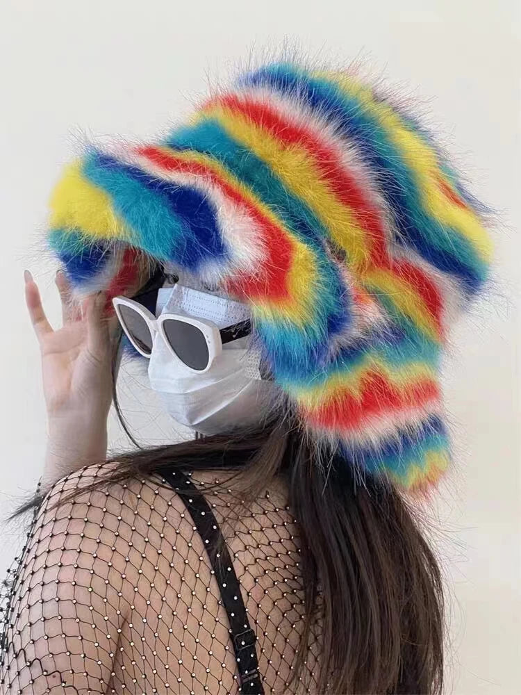 Rainbow Stripe Fur Hat | Rave Set