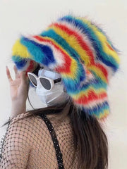 Rainbow Stripe Fur Hat | Rave Set
