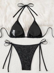 Sequin Triangle Bikini Set for Women Black | Rave Set