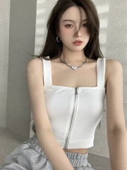 Knitted Sleeveless Crop Tank Top For Women White_Front View