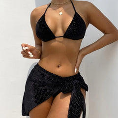 Black Bikini 3 Piece Set with Wrap Skirt for Women_Front View