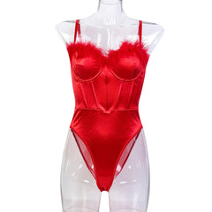 Red Velvet Kiss Feather Bodysuit | Rave Set