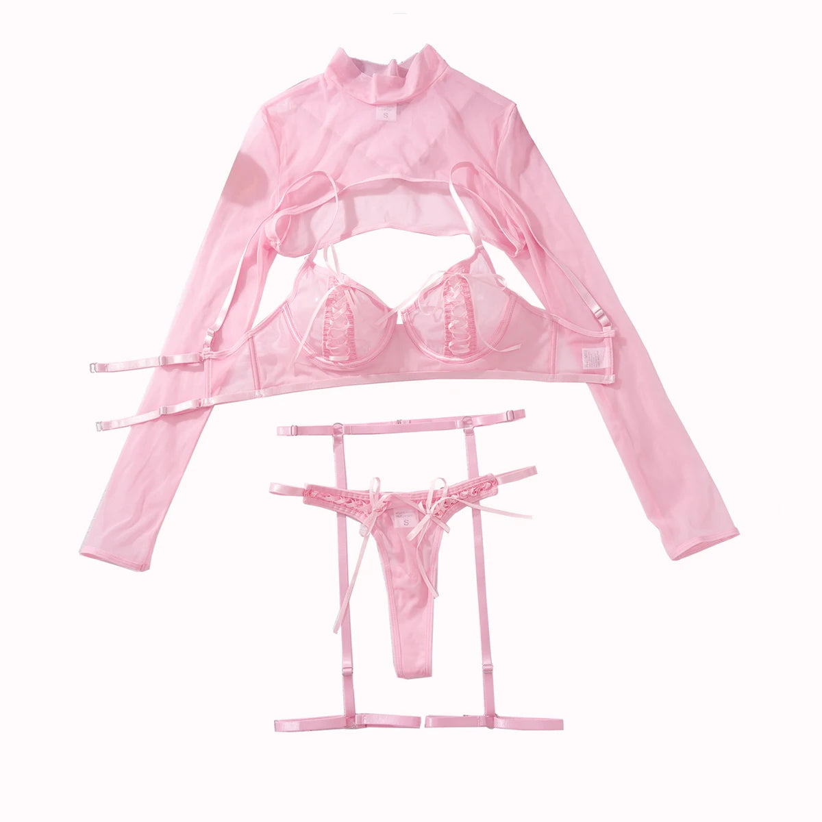 Mesh Hollow Lingerie Set for Women Pink_Front View