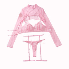 Mesh Hollow Lingerie Set for Women Pink_Front View