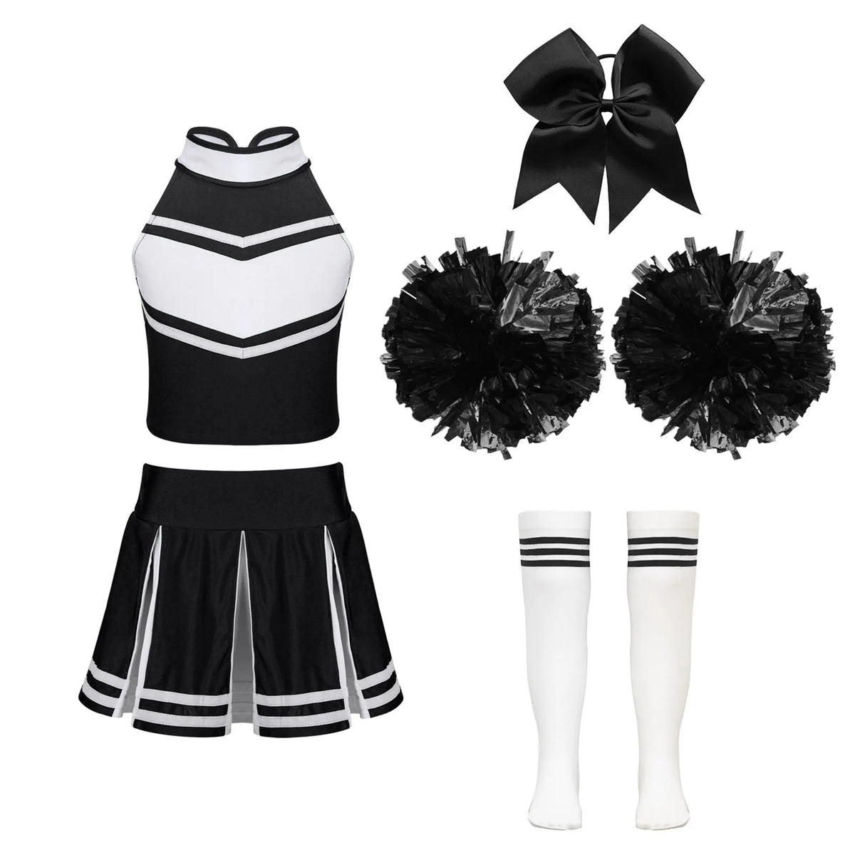 Cheerleader Costume Uniform Outfit Full Sets in Black/White_Front View