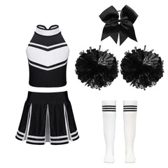 Cheerleader Costume Uniform Outfit Full Sets in Black/White_Front View