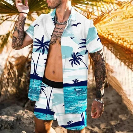 Men’s 2-Piece Short Sleeve Shirt and Shorts in Blue Tropical_Front View