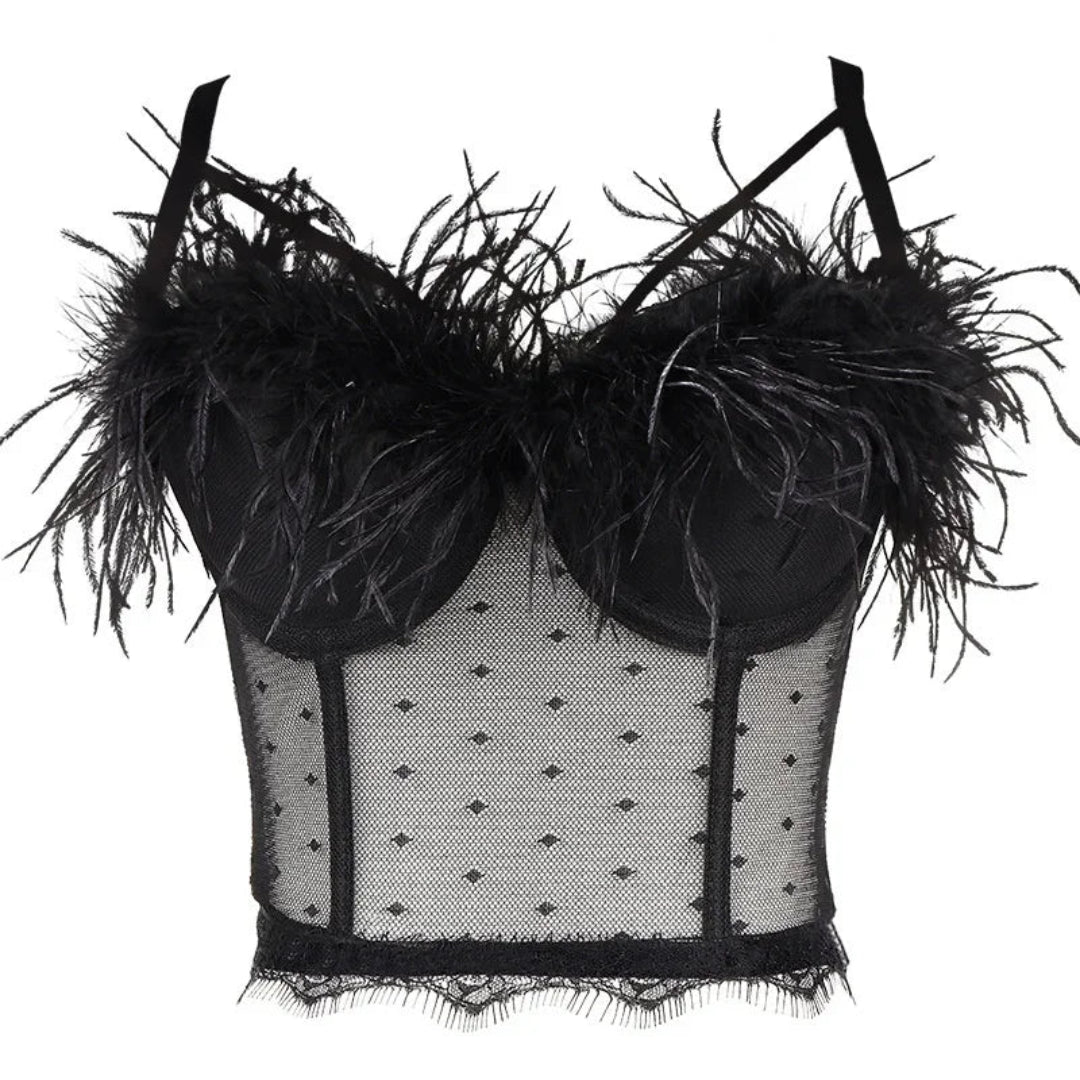 Polka Mesh Feather Corset Crop Top | Rave Set